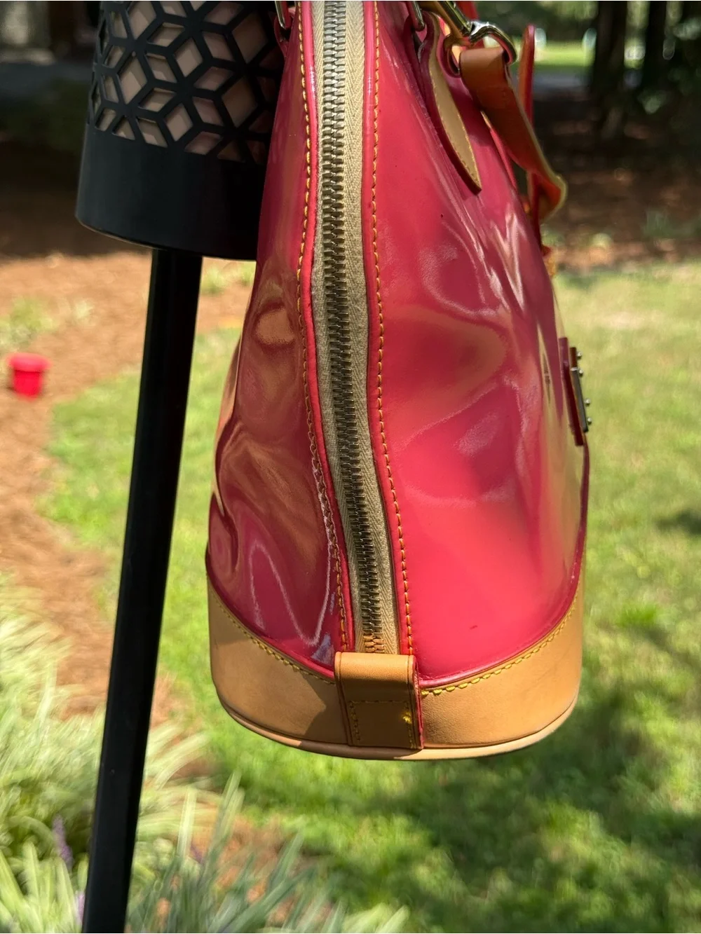Dooney & Bourke coral Patent Satchel with Tan Trim